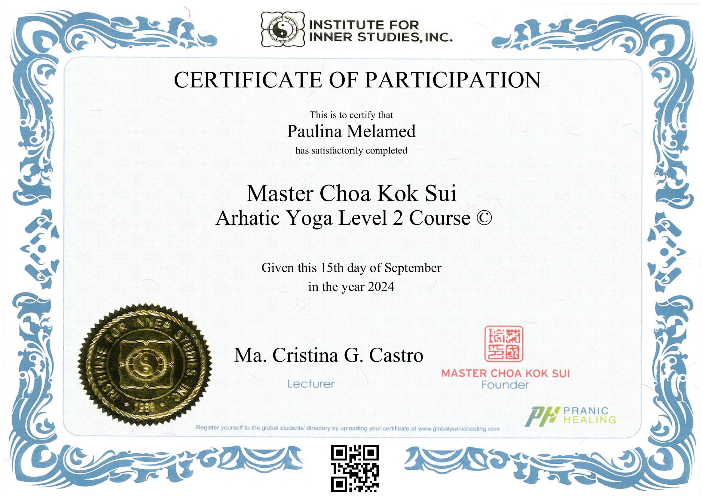 Certificado de Arhatic Yoga Level 2